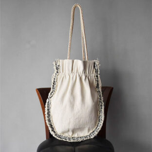 kimono ヴィンテージ帯 トートバッグ【白/フリンジ付き】